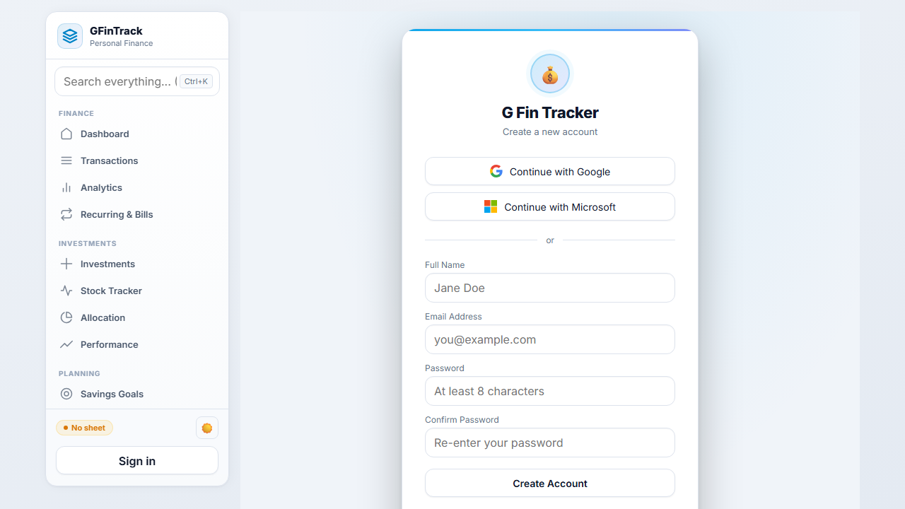Create Account screen